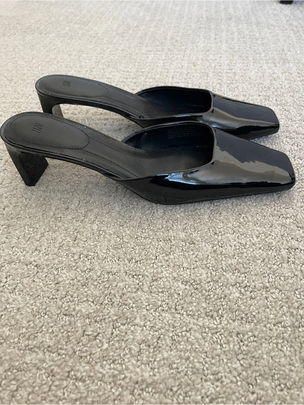 H&M Women's Black Patent Square-Toe Block Heel Mule Pumps 41
